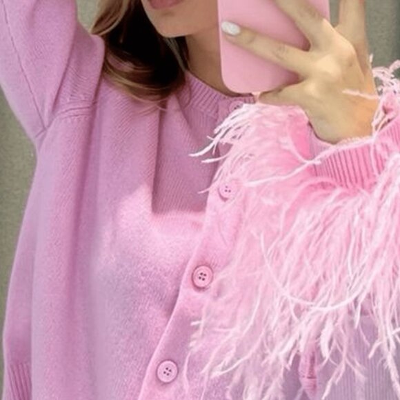 Pink Casual Women's Crew Neck Glamorous Wrap Feather Cuffs Cardigan - Picture 3 of 4